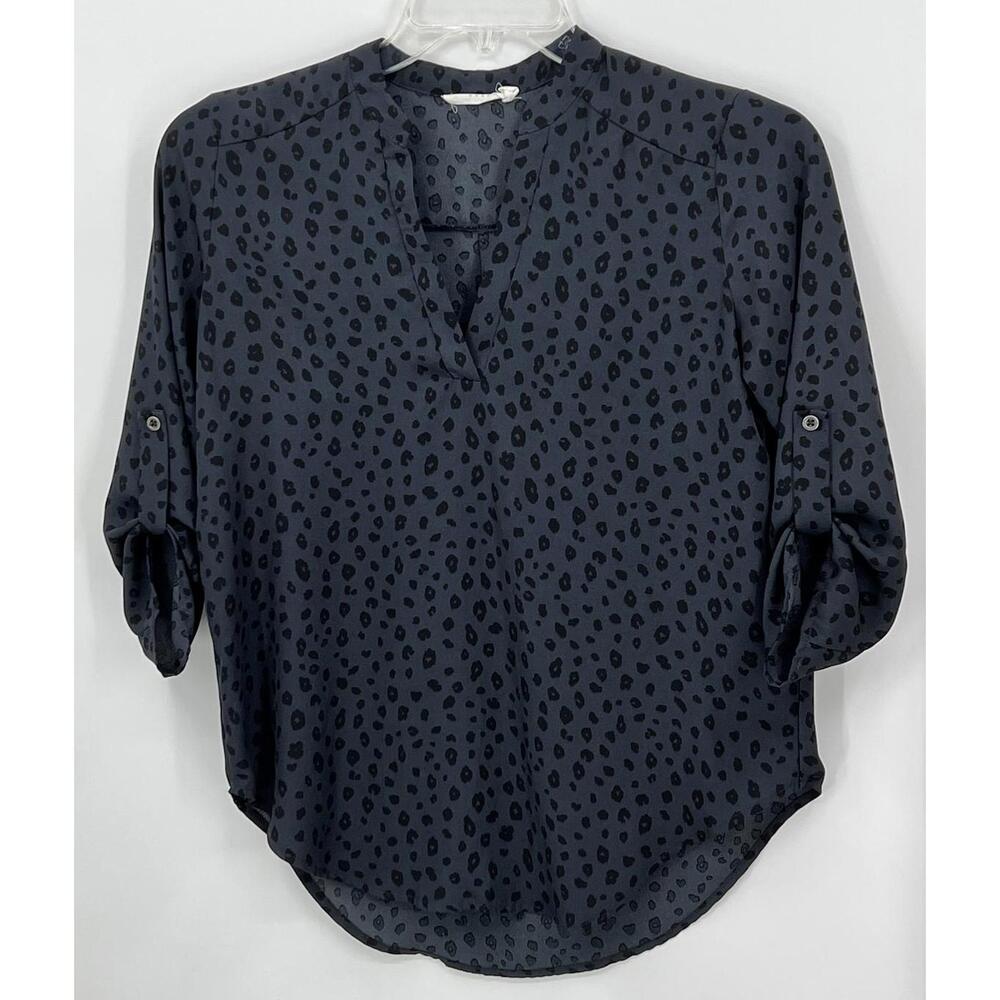 Charcoal Black Animal Print Blouse Roll-Tab Sleeves Size M Lush